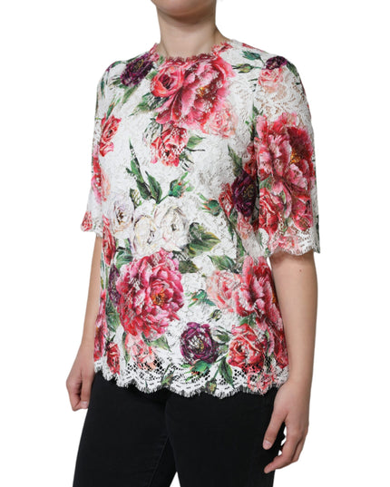 Dolce & Gabbana White Peony Lace Short Sleeves Blouse Top