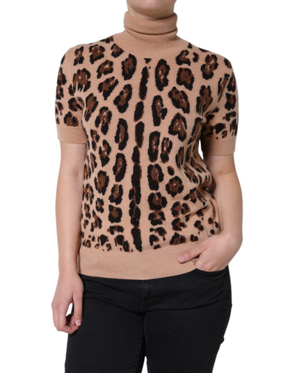 Dolce & Gabbana Beige Leopard Print Wool Turtleneck Top