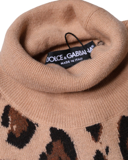 Dolce & Gabbana Beige Leopard Print Wool Turtleneck Top
