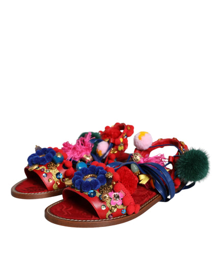 Dolce & Gabbana Multicolor Pom Pom Fur Wrap Sandals Shoes