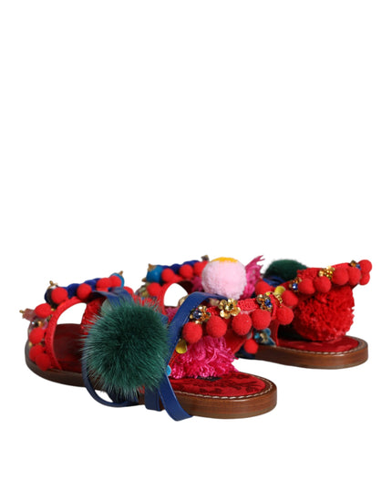 Dolce & Gabbana Multicolor Pom Pom Fur Wrap Sandals Shoes