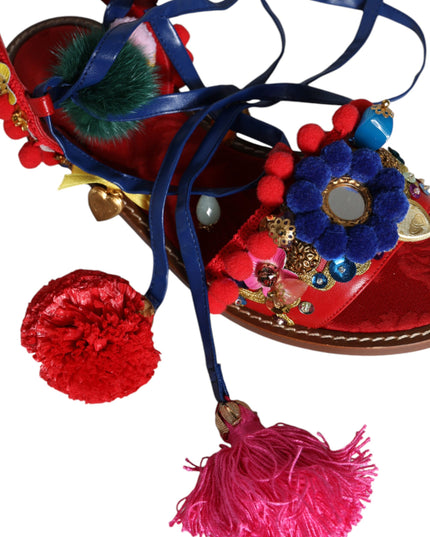 Dolce & Gabbana Multicolor Pom Pom Fur Wrap Sandals Shoes