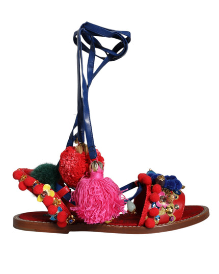 Dolce & Gabbana Multicolor Pom Pom Fur Wrap Sandals Shoes