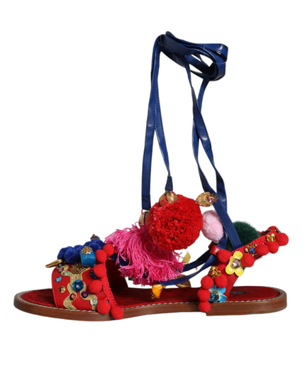 Dolce & Gabbana Multicolor Pom Pom Fur Wrap Sandals Shoes