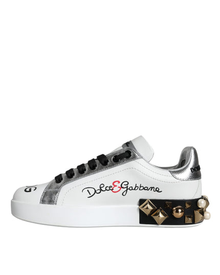 Dolce & Gabbana White Leather Floral Studded Sneakers Shoes