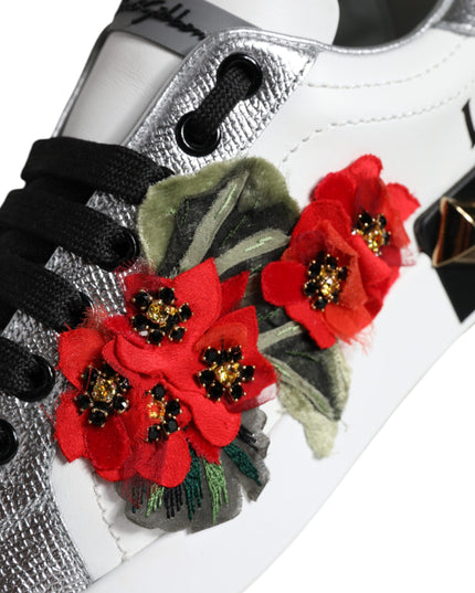 Dolce & Gabbana White Leather Floral Studded Sneakers Shoes