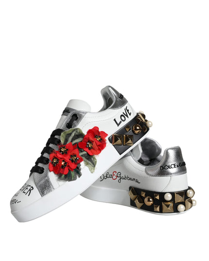 Dolce & Gabbana White Leather Floral Studded Sneakers Shoes