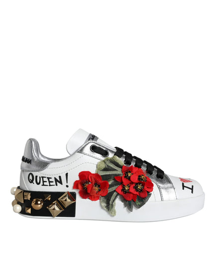 Dolce & Gabbana White Leather Floral Studded Sneakers Shoes
