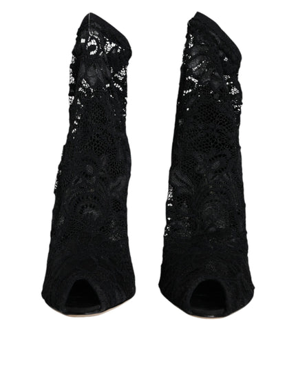 Dolce & Gabbana Black Lace Stretch Heels Mid Calf Boot Shoes