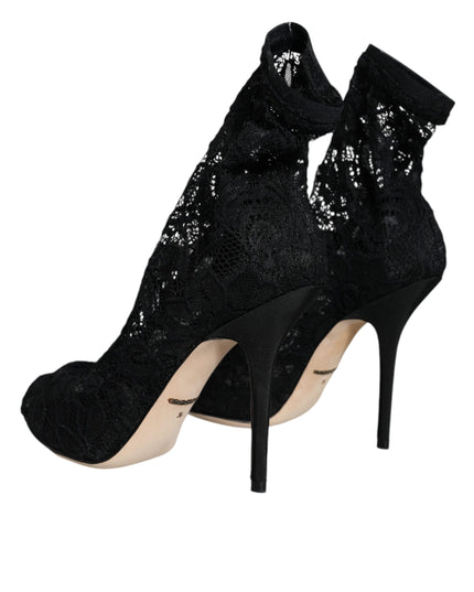 Dolce & Gabbana Black Lace Stretch Heels Mid Calf Boot Shoes
