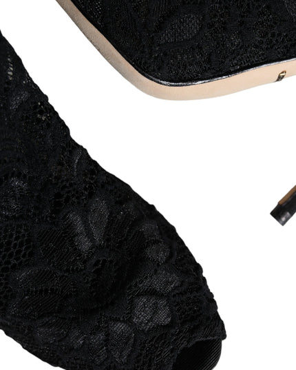 Dolce & Gabbana Black Lace Stretch Heels Mid Calf Boot Shoes