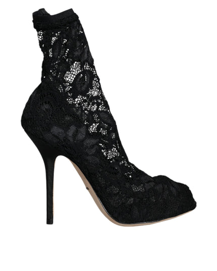 Dolce & Gabbana Black Lace Stretch Heels Mid Calf Boot Shoes
