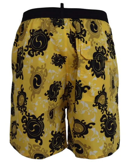 Dsquared² Yellow Black Printed Nylon Beachwear Shorts Swimwear