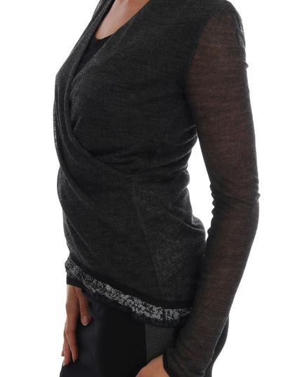 Ermanno Scervino Gray Wool Lace Top Long Sleeved T-shirt