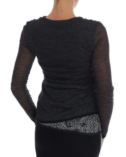 Ermanno Scervino Gray Wool Lace Top Long Sleeved T-shirt