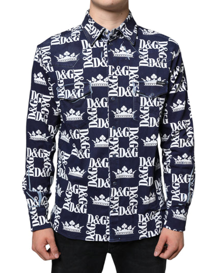 Dolce & Gabbana Blue Crown Logo Print Slim Fit Cotton Shirt