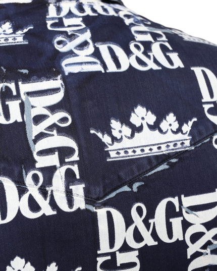 Dolce & Gabbana Blue Crown Logo Print Slim Fit Cotton Shirt