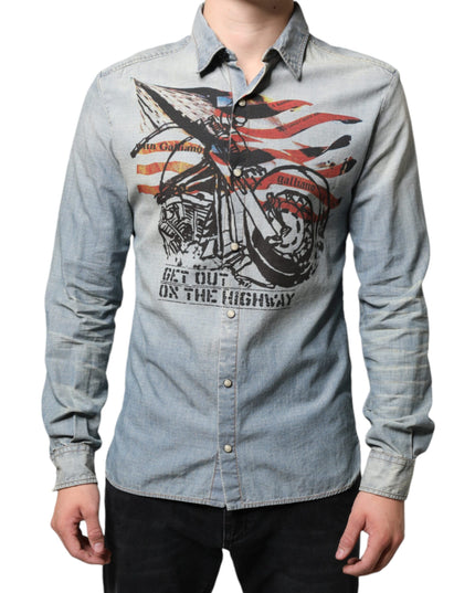 John Galliano Light Blue Printed Cotton Denim Long Sleeves Shirt