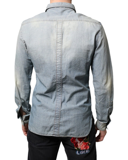 John Galliano Light Blue Printed Cotton Denim Long Sleeves Shirt