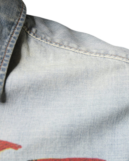 John Galliano Light Blue Printed Cotton Denim Long Sleeves Shirt