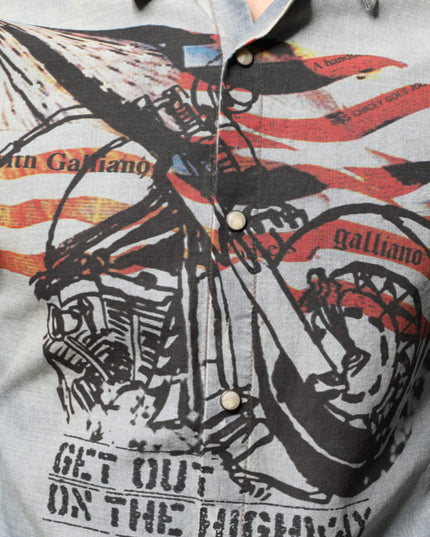 John Galliano Light Blue Printed Cotton Denim Long Sleeves Shirt