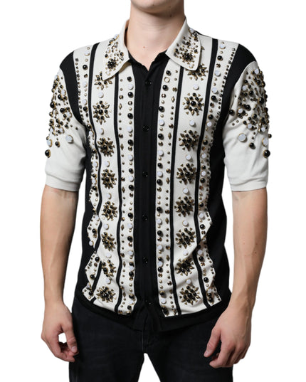 Dolce & Gabbana White Black Silk Studded Stone Crystal Shirt
