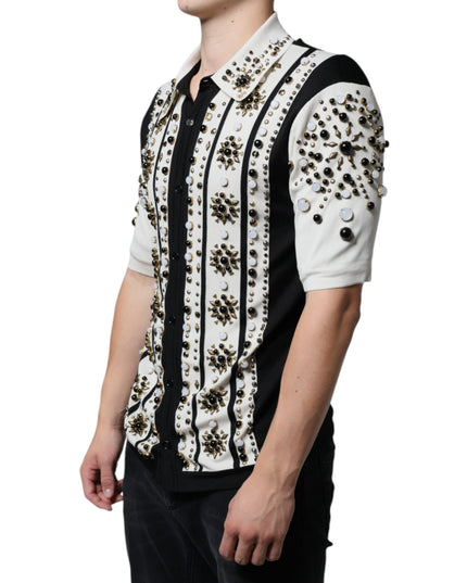 Dolce & Gabbana White Black Silk Studded Stone Crystal Shirt