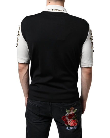 Dolce & Gabbana White Black Silk Studded Stone Crystal Shirt