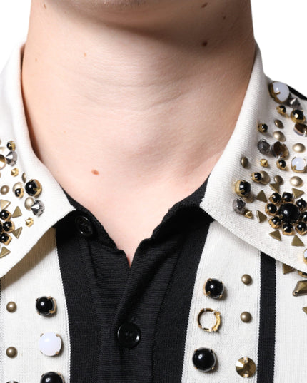 Dolce & Gabbana White Black Silk Studded Stone Crystal Shirt
