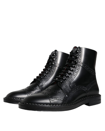 Dolce & Gabbana Black Leather Lace Up Mid Calf Boots Shoes