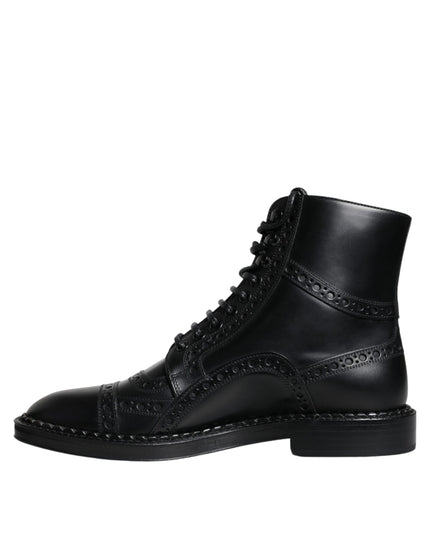 Dolce & Gabbana Black Leather Lace Up Mid Calf Boots Shoes