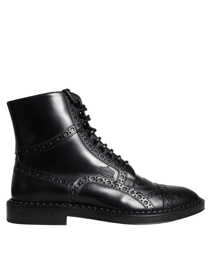 Dolce & Gabbana Black Leather Lace Up Mid Calf Boots Shoes