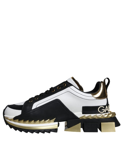 Dolce & Gabbana White Gold Black Leather SUPER KING Sneakers Shoes
