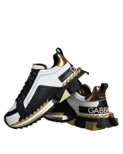 Dolce & Gabbana White Gold Black Leather SUPER KING Sneakers Shoes
