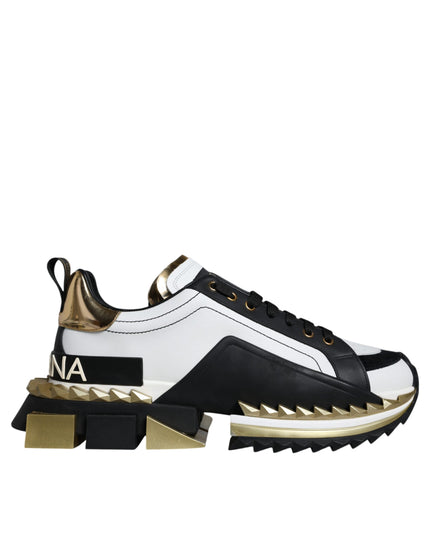 Dolce & Gabbana White Gold Black Leather SUPER KING Sneakers Shoes