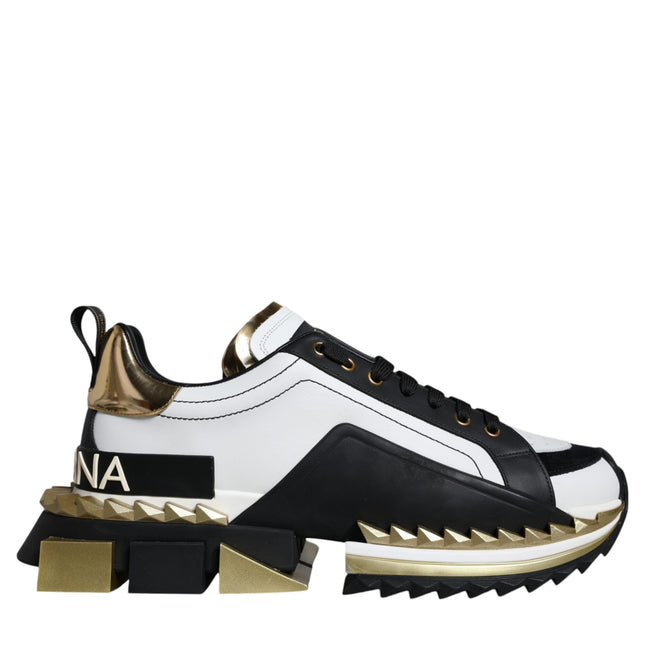 Dolce & Gabbana White Gold Black Leather SUPER KING Sneakers Shoes