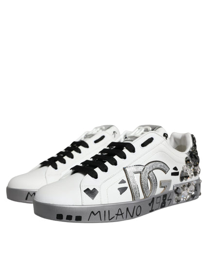 Dolce & Gabbana White Silver Crystal Logo Portofino Sneakers Shoes