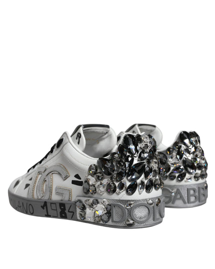 Dolce & Gabbana White Silver Crystal Logo Portofino Sneakers Shoes