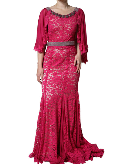 Dolce & Gabbana Pink Lace Crystal Sheath Long Gown Dress