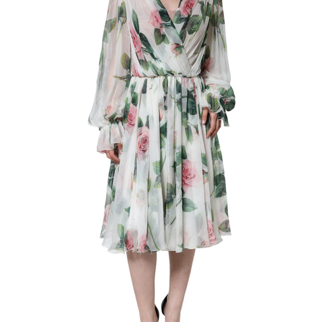 Dolce & Gabbana White Silk Floral Print A-line Midi Dress