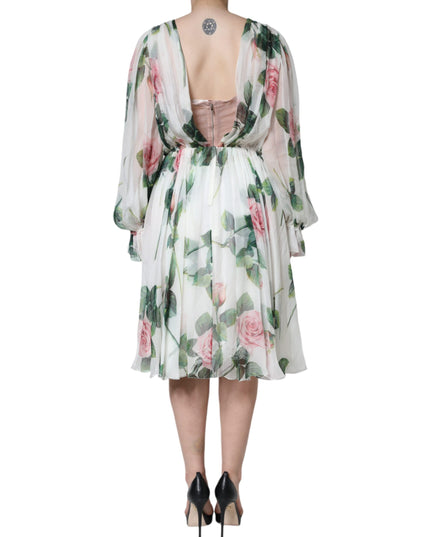 Dolce & Gabbana White Silk Floral Print A-line Midi Dress