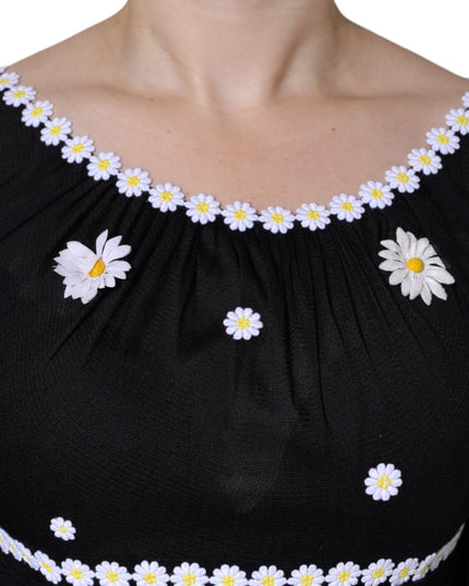 Dolce & Gabbana Black Silk Daisy A-line Long Maxi Dress