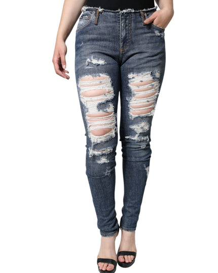 Dolce & Gabbana Blue Cotton Stretch Tattered Skinny Jeans