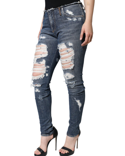 Dolce & Gabbana Blue Cotton Stretch Tattered Skinny Jeans