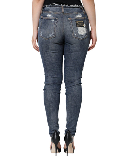 Dolce & Gabbana Blue Cotton Stretch Tattered Skinny Jeans