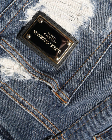 Dolce & Gabbana Blue Cotton Stretch Tattered Skinny Jeans