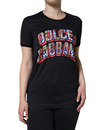 Dolce & Gabbana Black Cotton Logo Print Round Neck T-shirt