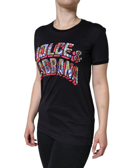 Dolce & Gabbana Black Cotton Logo Print Round Neck T-shirt