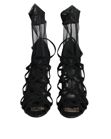 Dolce & Gabbana Black Tulle Stretch Heels Sandals Shoes