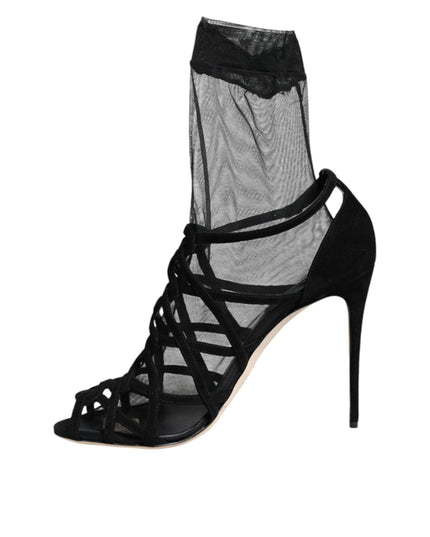 Dolce & Gabbana Black Tulle Stretch Heels Sandals Shoes